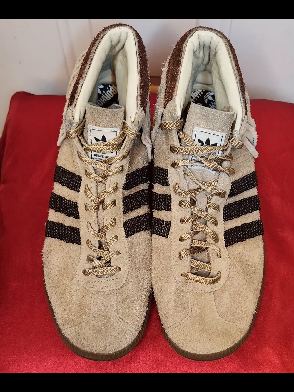 Adidas Men’s Neighborhood Mocassins Beige Suede Sneakers with Brown Bead Stripes